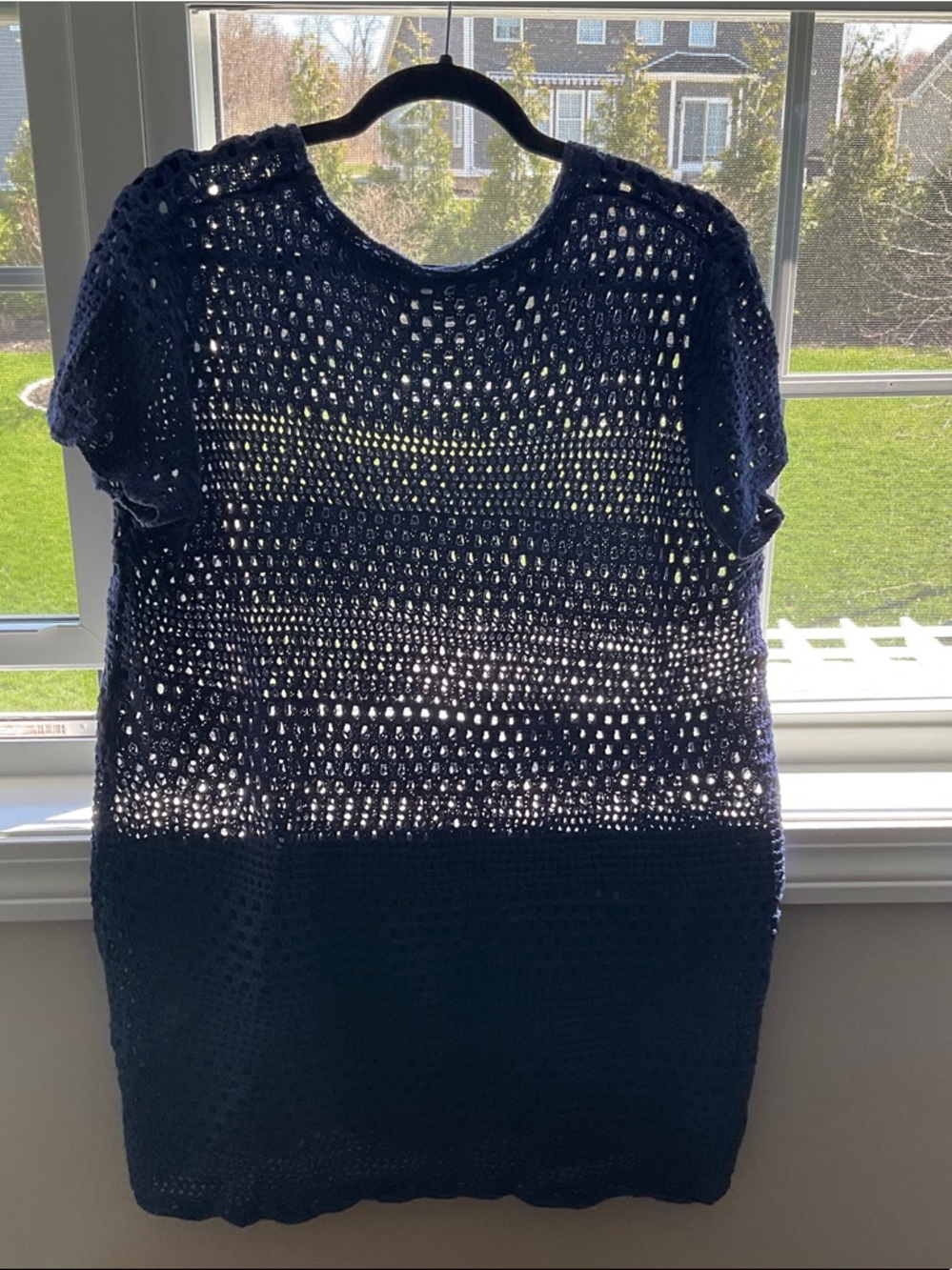 Navy Crochet Short-Sleeve Tunic Sweater